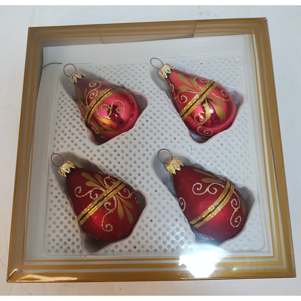 Kurt S Adler Set of‎ 4 Red Glass Teardrop Christmas Ornaments Gold Swirl Design